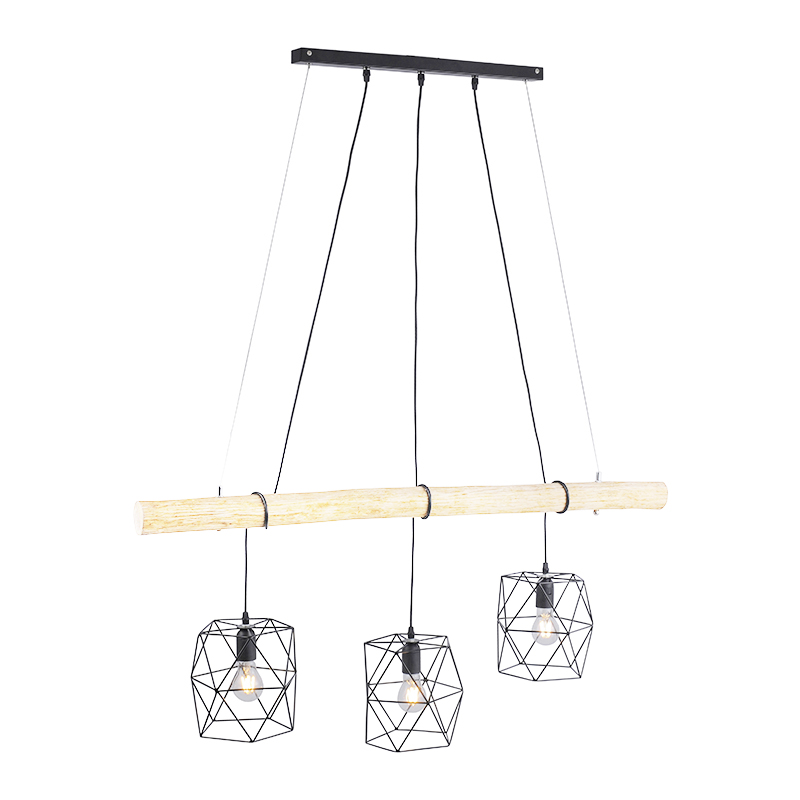 Paul Neuhaus Industriële hanglamp met hout 3-lichts - Mediena - Zwart