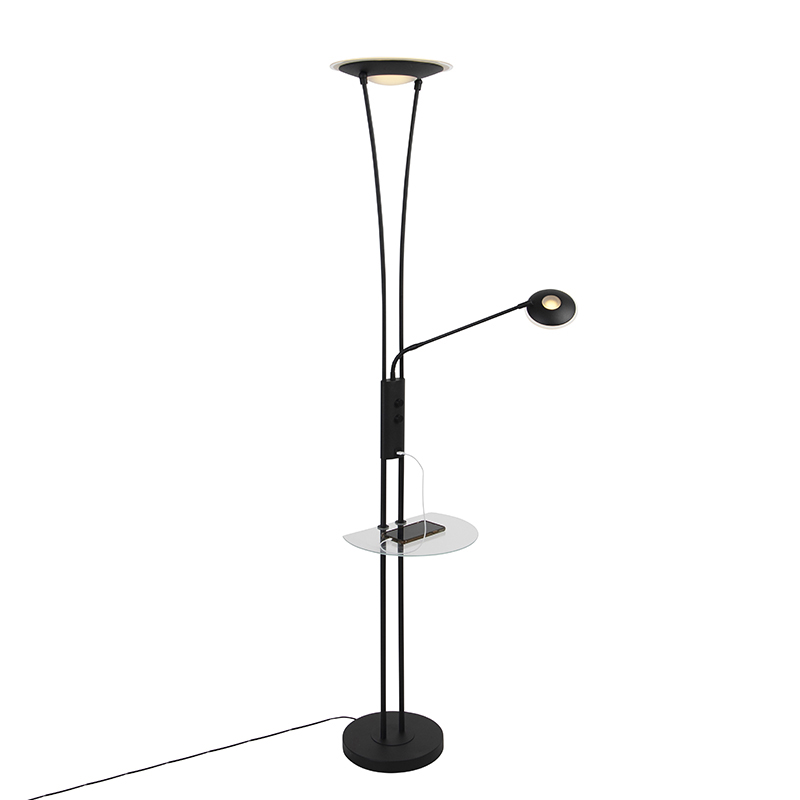 QAZQA Vloerlamp met leesarm incl. LED en USB-poort - Sevilla - Zwart