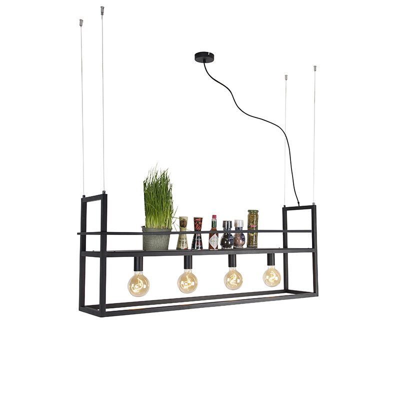 QAZQA Industriële hanglamp met rek large 4-lichts - Cage Rack - Zwart