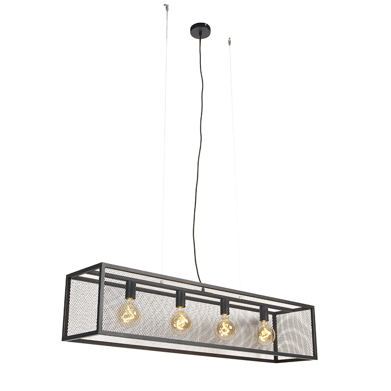 QAZQA Industriële hanglamp 118 cm met gaas 4-lichts - Cage - Zwart