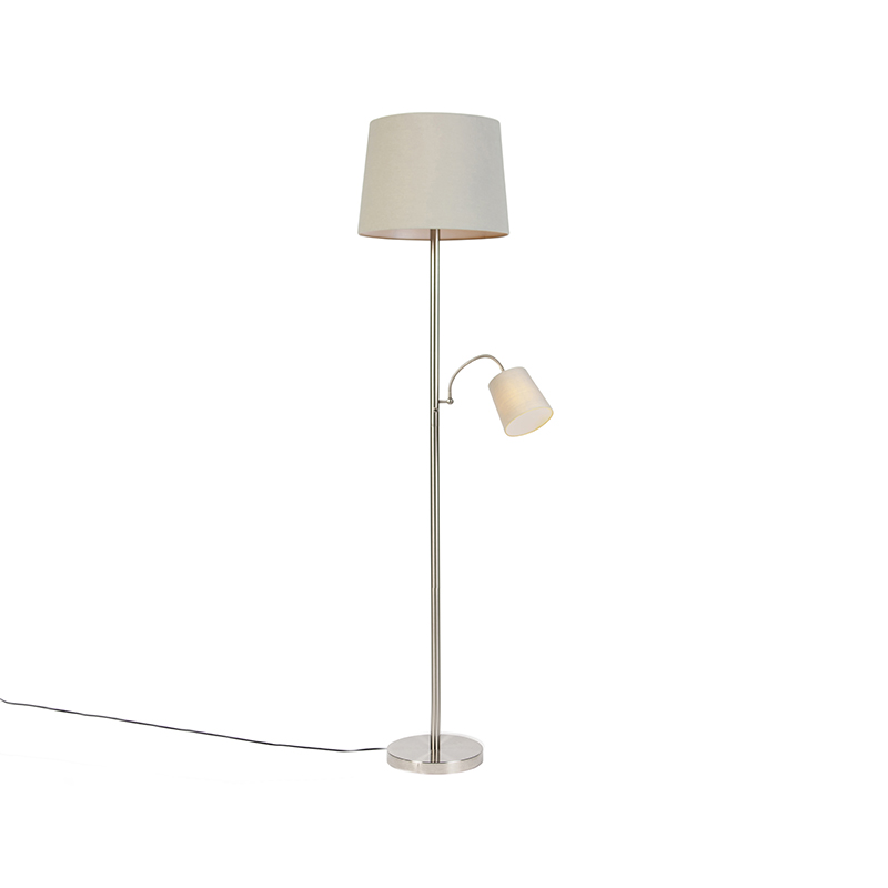 QAZQA Klassieke vloerlamp staal met grijze kap en leeslampje - Retro - Grijs