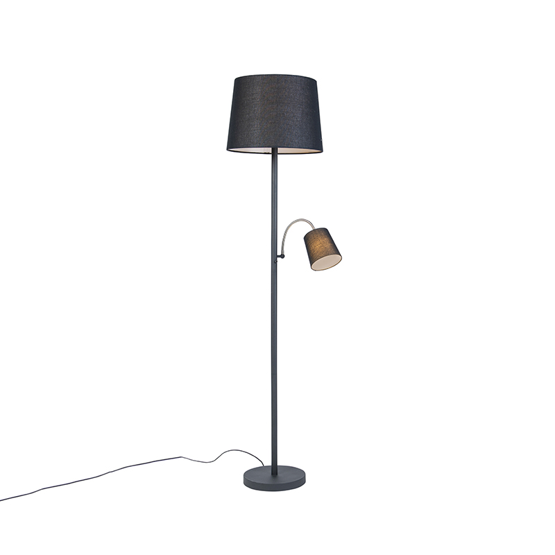 QAZQA Klassieke vloerlamp zwart met zwarte kap en leeslampje - Retro