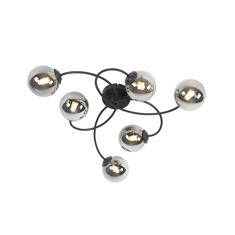 QAZQA Moderne plafondlamp 6-lichts met smoke glas - Athens - Zwart