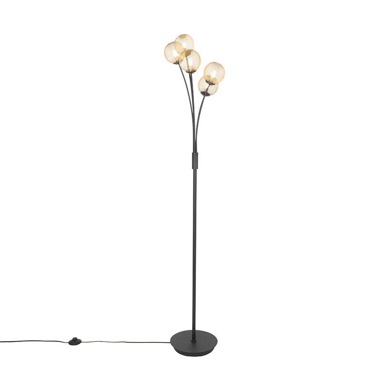 QAZQA Moderne vloerlamp zwart met 5-lichts - Athens Wire - Goud
