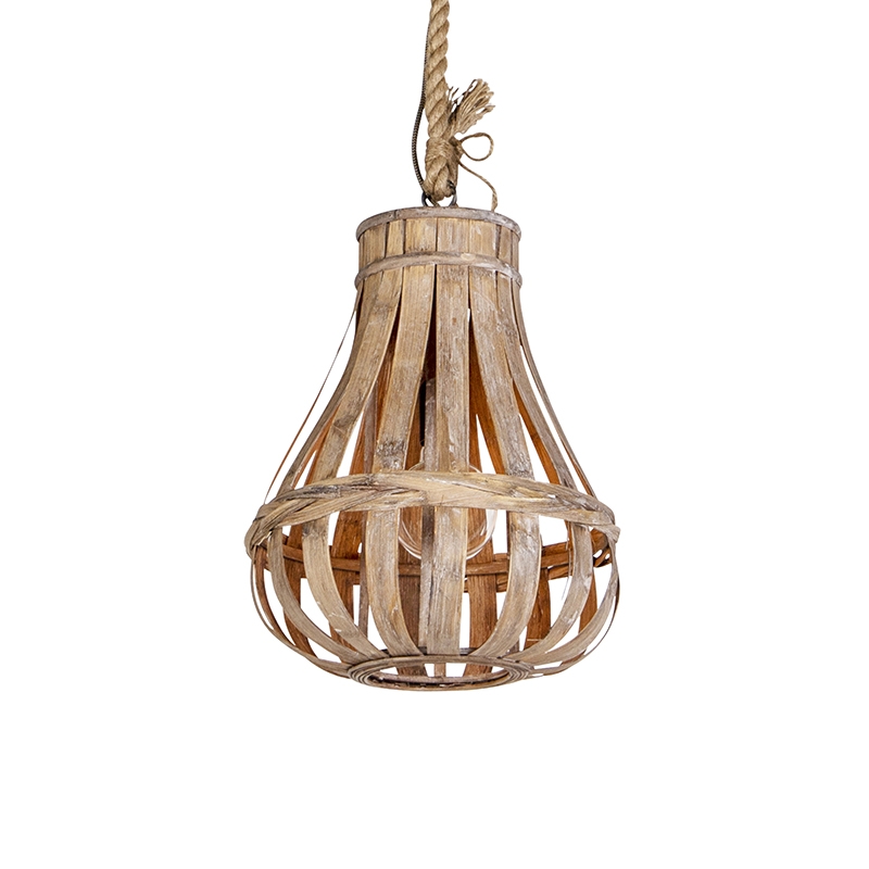QAZQA Landelijke hanglamp hout met touw 34cm - Excalibur - Bruin