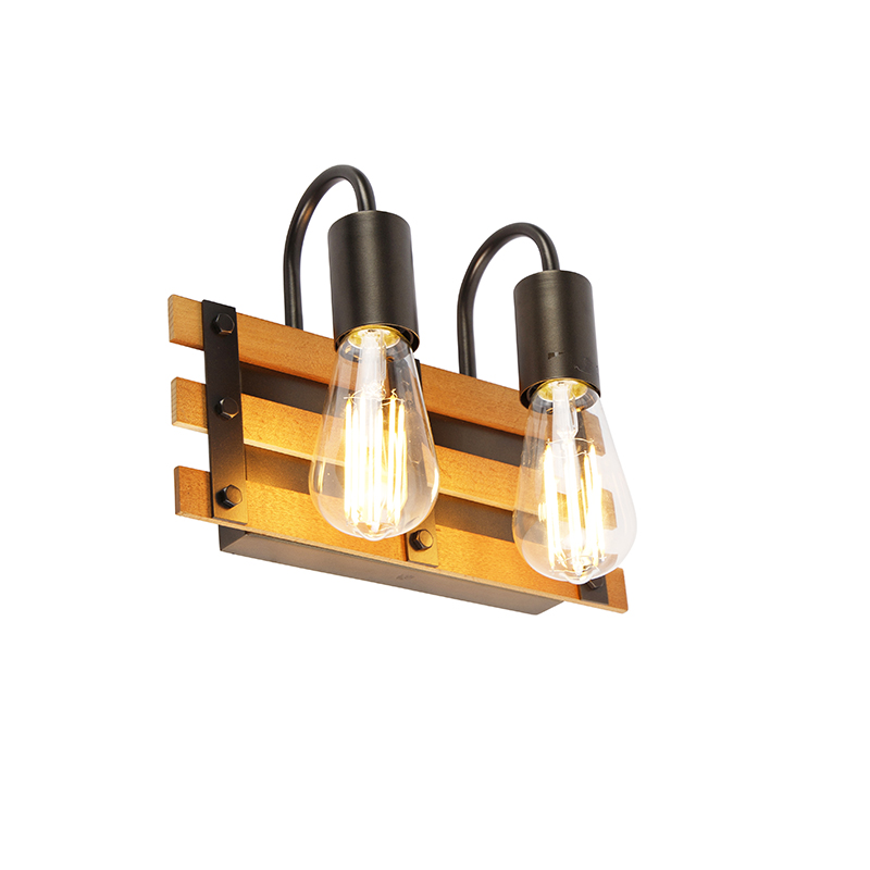 QAZQA Industriële wandlamp zwart met hout 2-lichts - Paleta Mai - Bruin