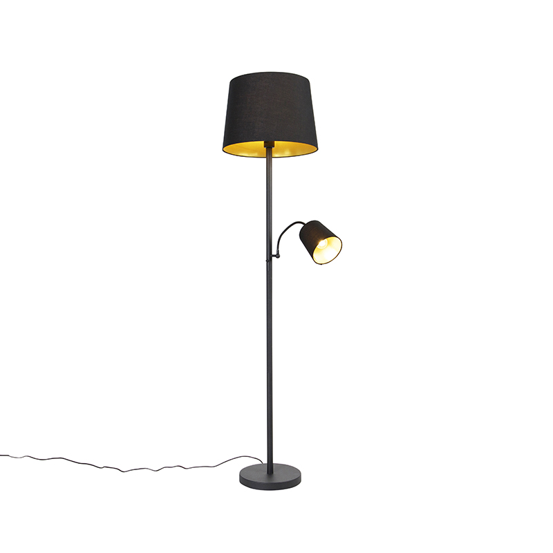 QAZQA Klassieke vloerlamp met goud en leeslampje - Retro - Zwart