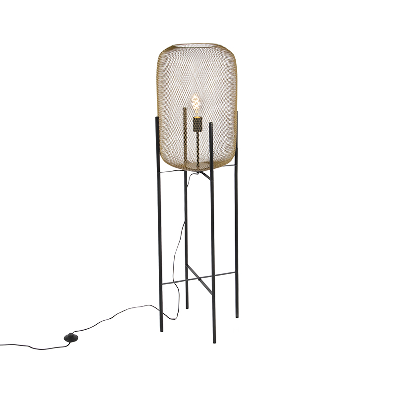 QAZQA Moderne zwart met gouden vloerlamp - Bliss Mesh