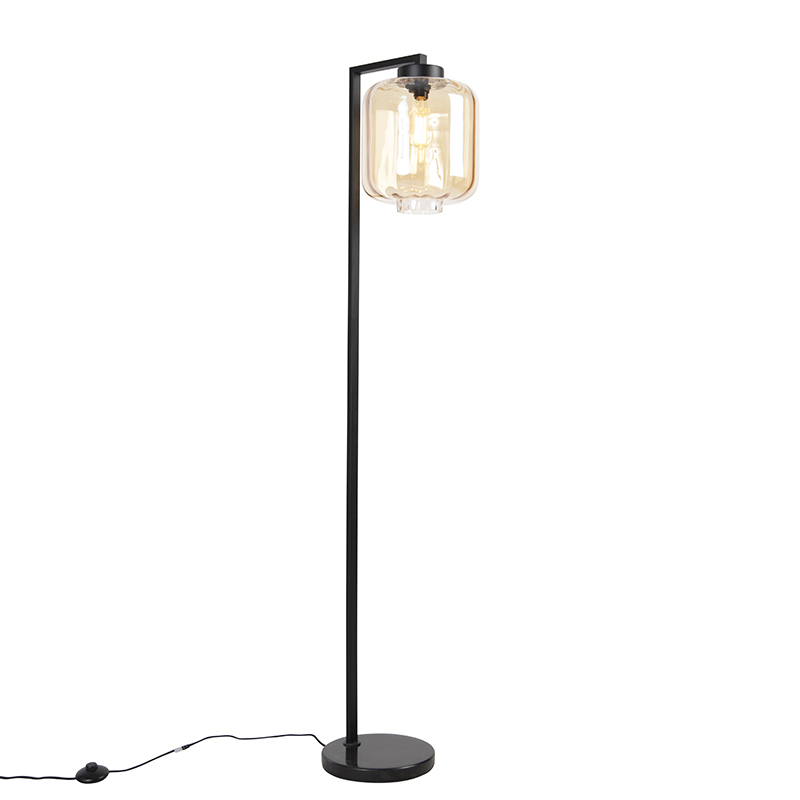 QAZQA Design vloerlamp zwart met amber glas - Qara Down - Beige