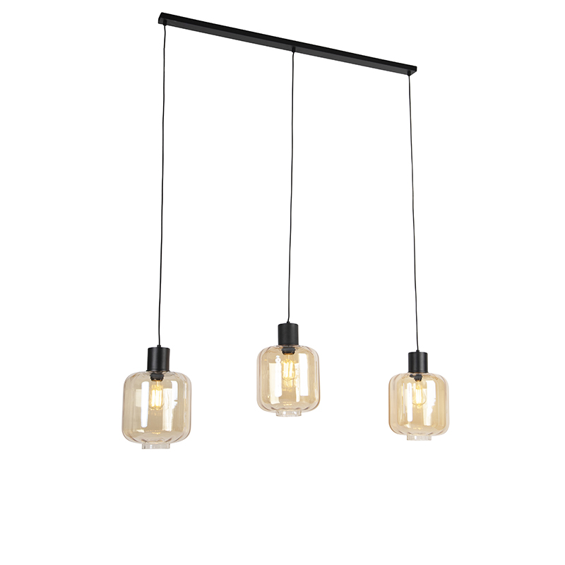 QAZQA Design hanglamp zwart met amber glas 3-lichts 161,5 cm - Qara - Beige