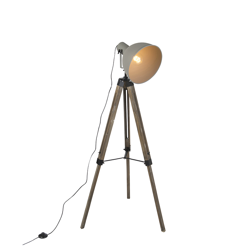 QAZQA Industriële vloerlamp op houten tripod met grijze kap - Laos - Bruin