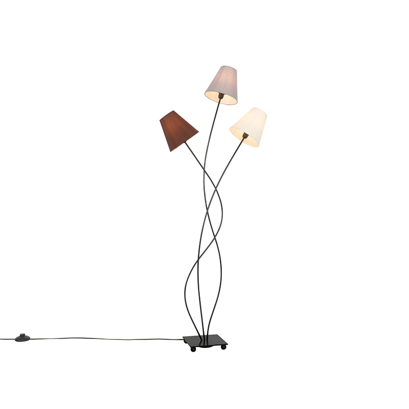 QAZQA Design vloerlamp zwart met stoffen kappen 3-lichts - Melis