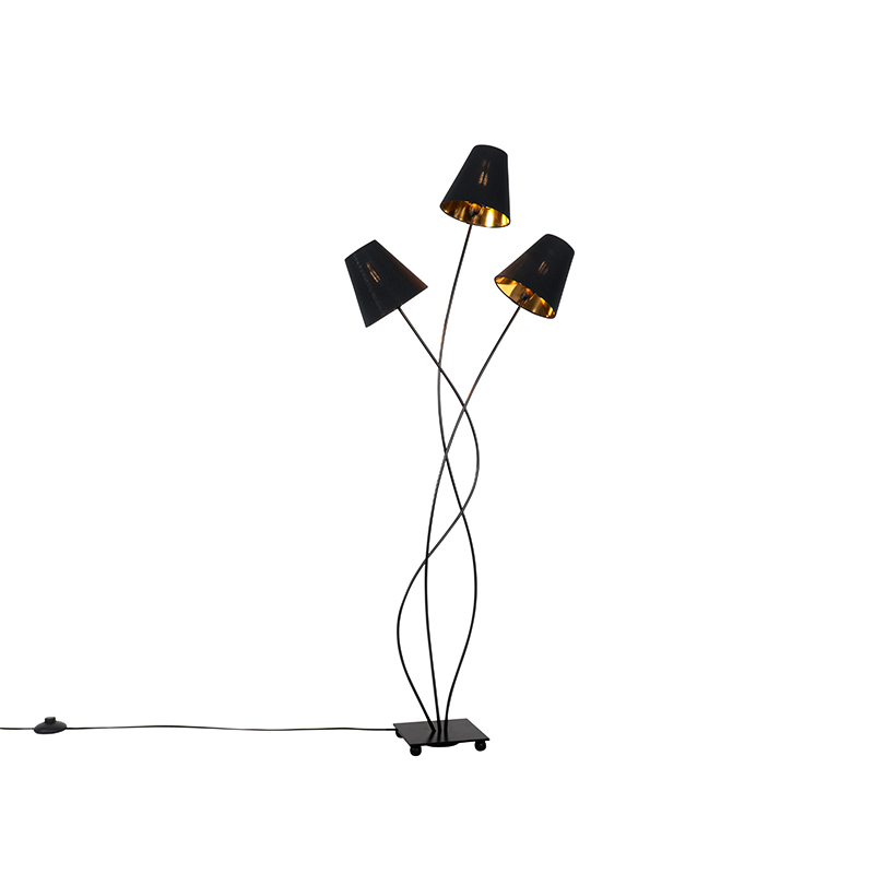QAZQA Design vloerlamp met goud 3-lichts - Melis - Zwart