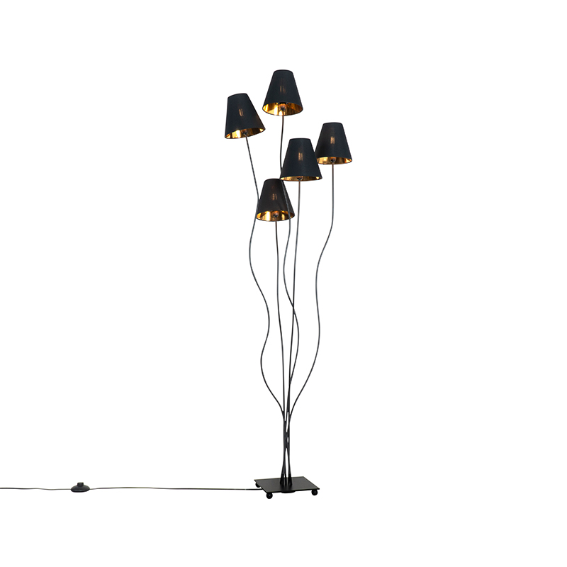 QAZQA Design vloerlamp met goud 5-lichts - Melis - Zwart