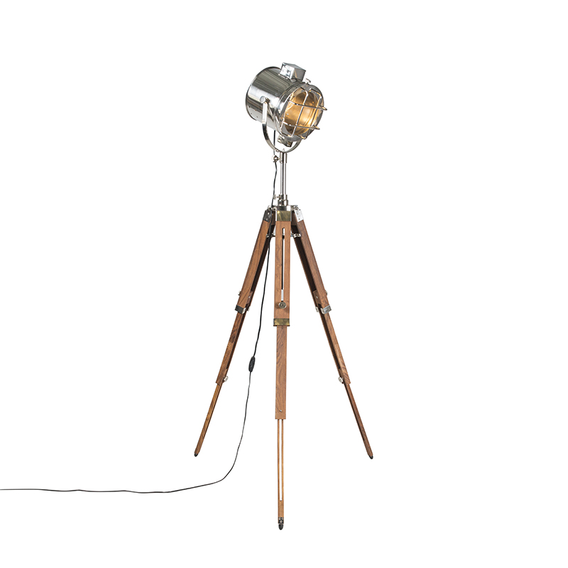 QAZQA Tripod vloerlamp staal met hout studiospot - Shiny