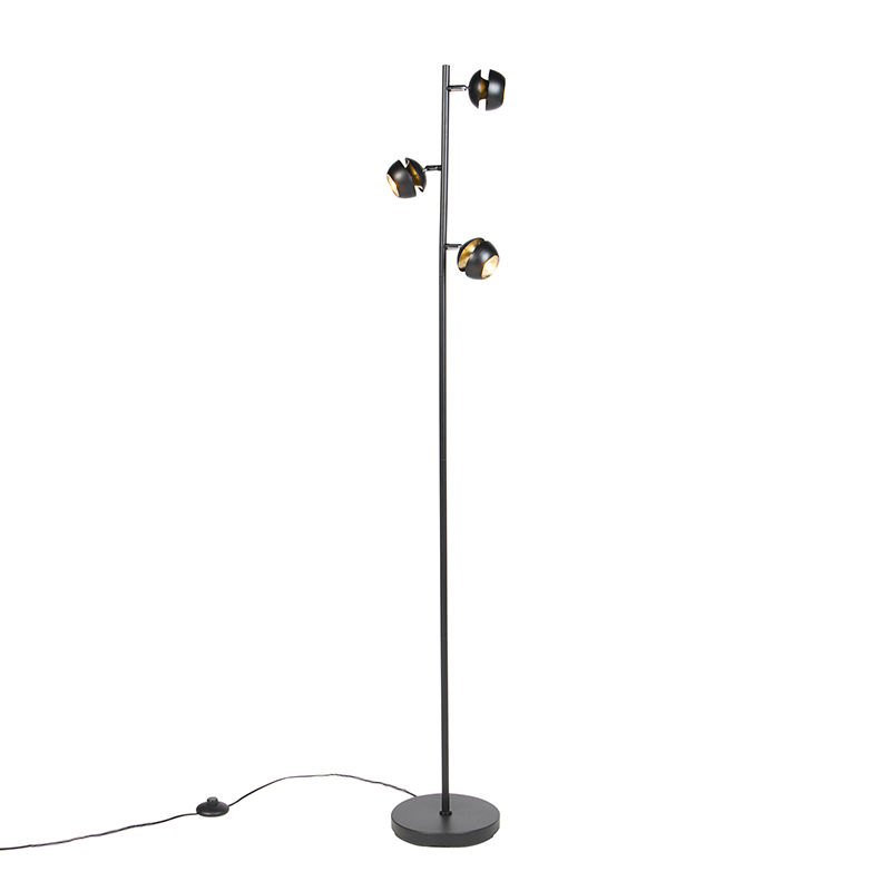 QAZQA Moderne vloerlamp 3-lichts met gouden binnenkant - Buell Deluxe - Zwart