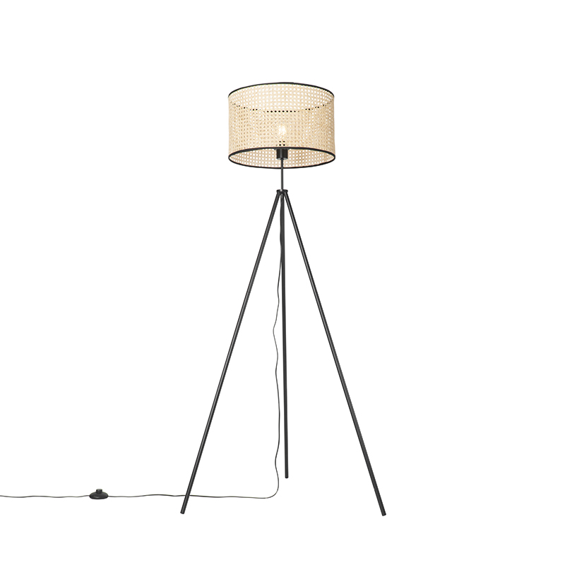 QAZQA Landelijke vloerlamp tripod zwart met rotan kap - Kata
