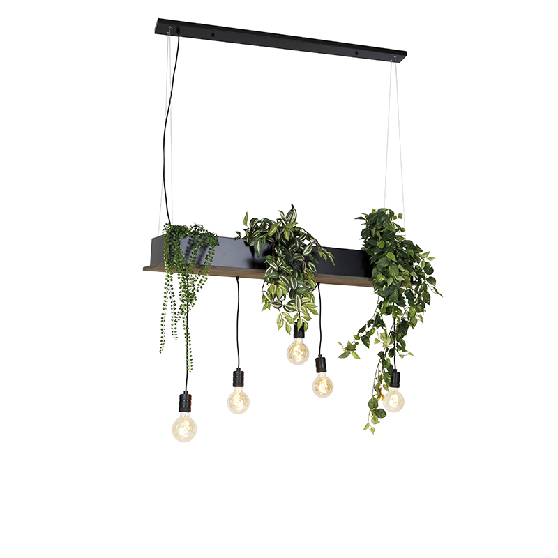 QAZQA Landelijke hanglamp met hout 5-lichts - Flair - Zwart