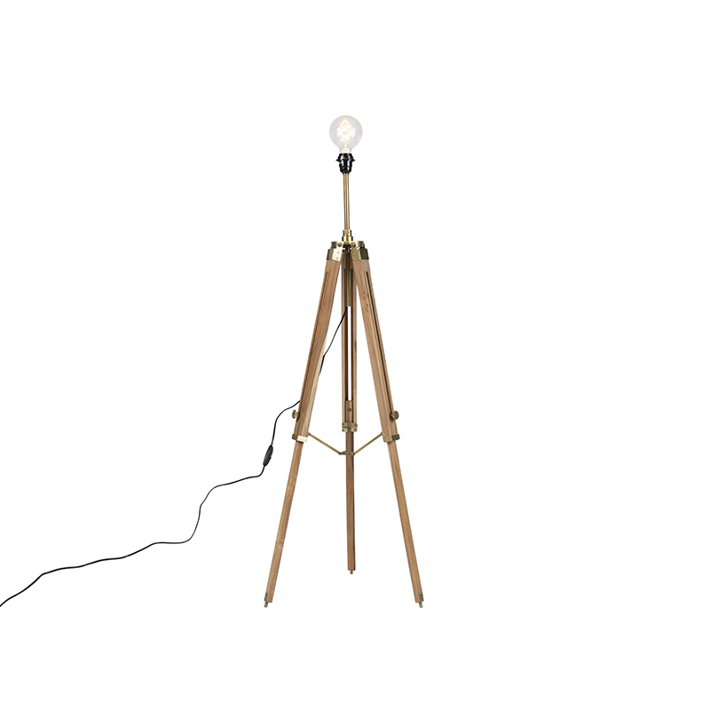 QAZQA Landelijke vloerlamp tripod hout met antiek messing - Cortin - Bruin