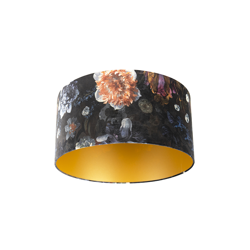 QAZQA Velours lampenkap bloemen dessin 50/50/25 gouden binnenkant