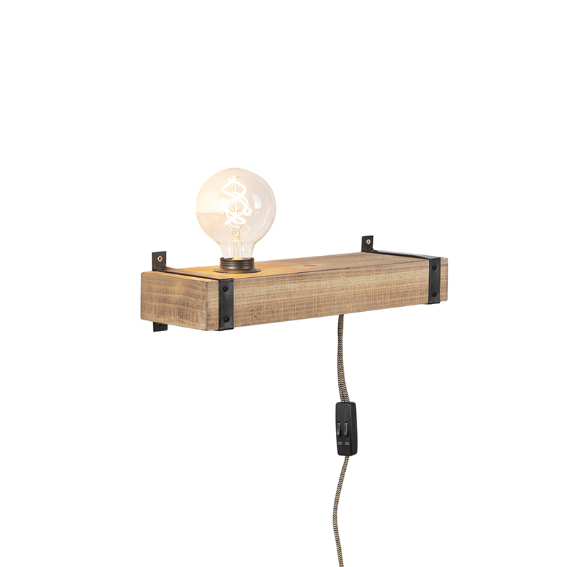 QAZQA Industriële wandlamp hout USB - Reena - Bruin