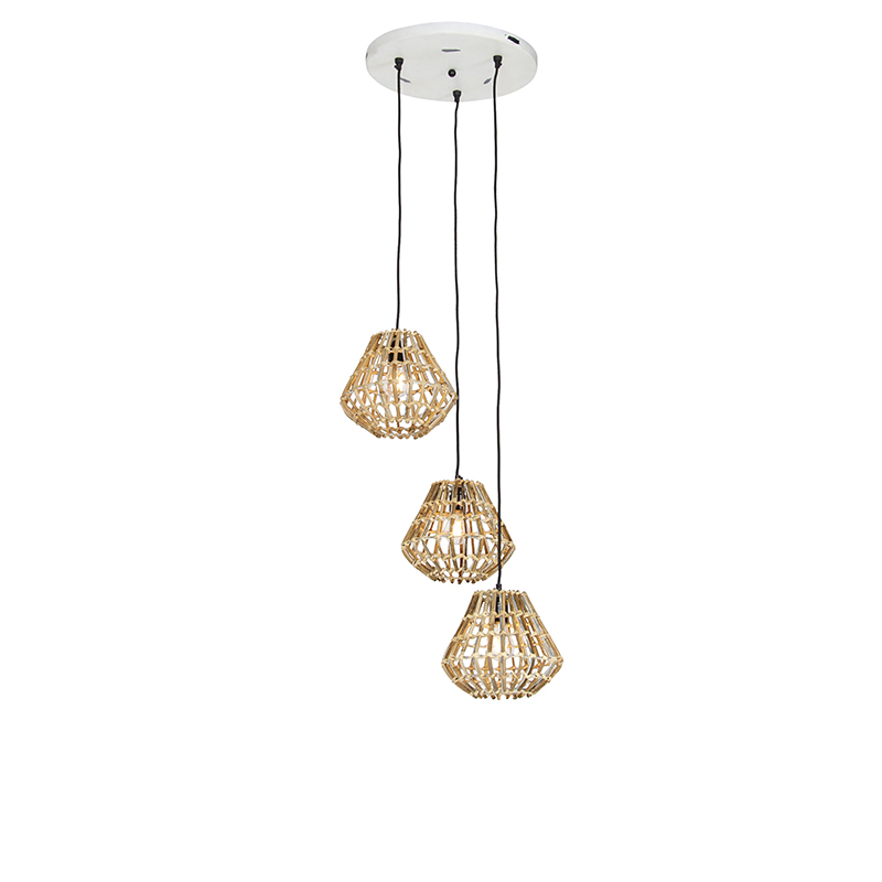 QAZQA Hanglamp bamboe met wit rond 3-lichts - Canna Diamond