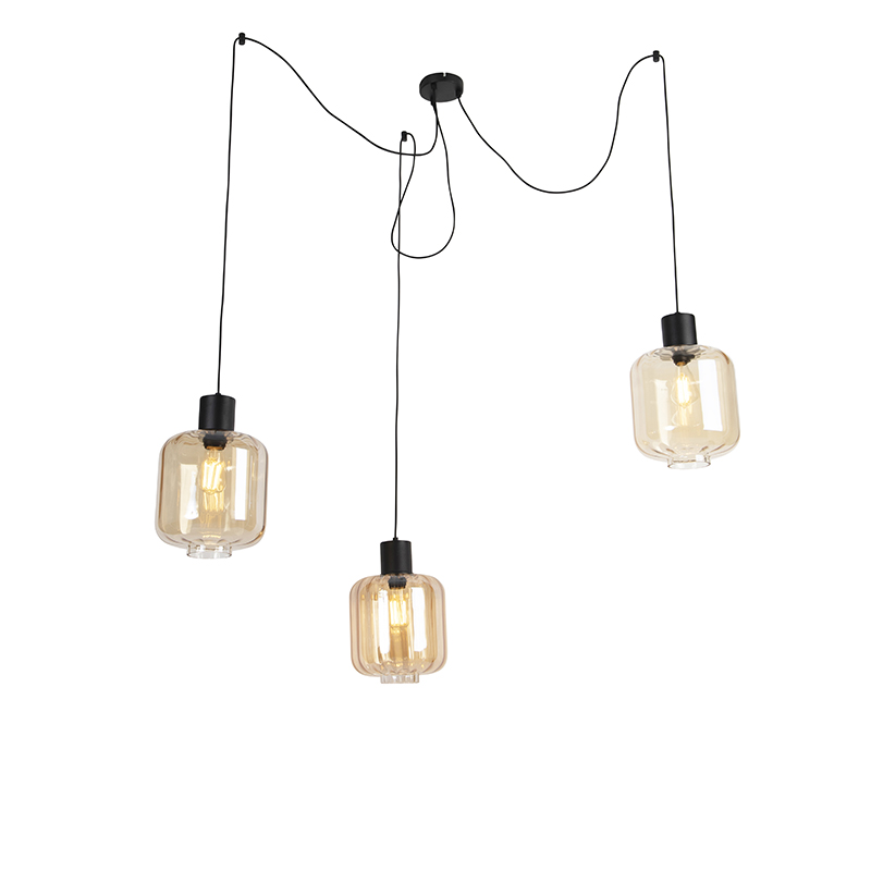 QAZQA Design hanglamp zwart met amber glas 3-lichts 226 cm - Qara - Beige