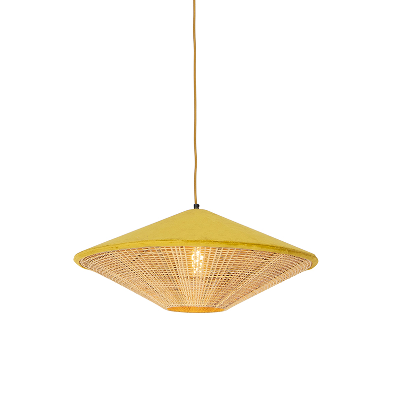 QAZQA Landelijke hanglamp gele velours met riet 60 cm - Frills Can - Geel
