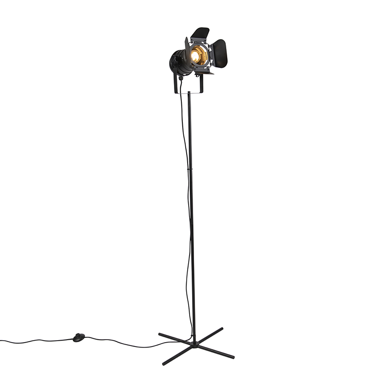 QAZQA Industriële vloerlamp kantelbaar - Movie - Zwart