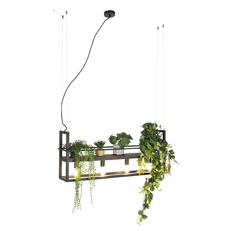 QAZQA Industriële hanglamp zwart met hout en rek 4-lichts - Cage Rack - Bruin