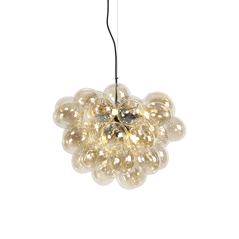 QAZQA Art Deco hanglamp zwart met Amber glas 8-lichts - Uvas