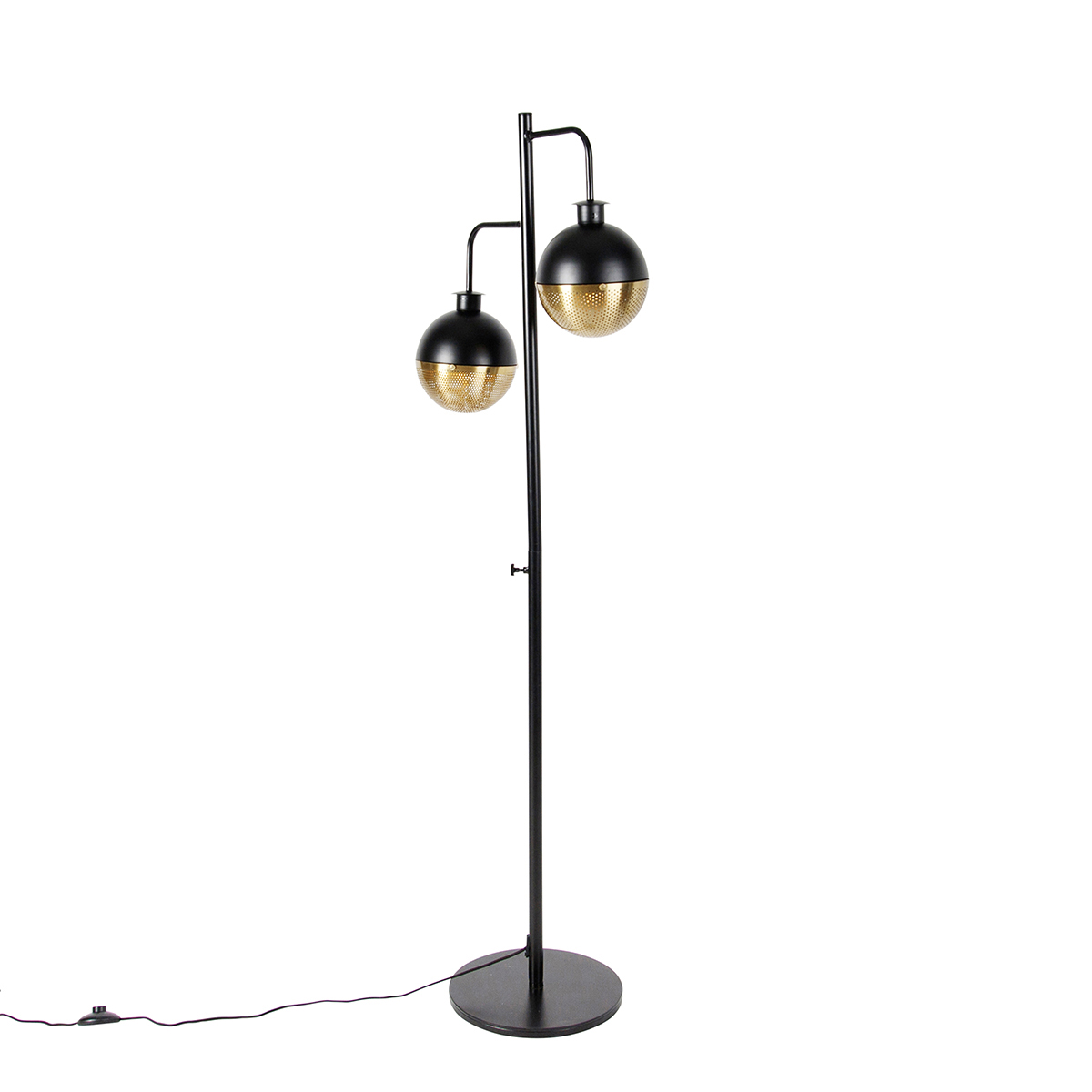 QAZQA Industriële vloerlamp zwart met messing 2-lichts - Haicha