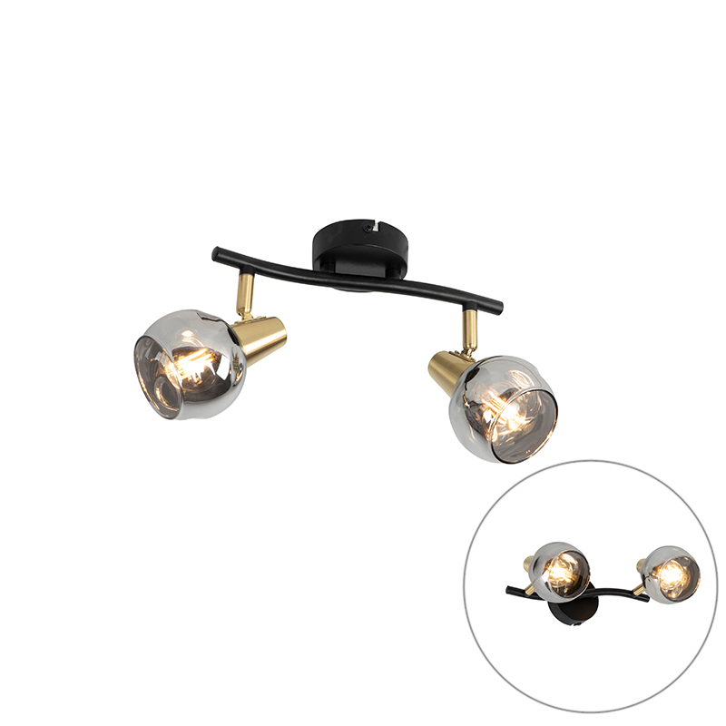 QAZQA Plafondlamp zwart met messing en glas smoke 2-lichts - Vidro