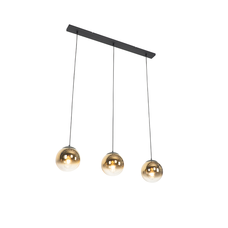 QAZQA Art deco hanglamp zwart met glas langwerpig 3-lichts - pallon - Goud