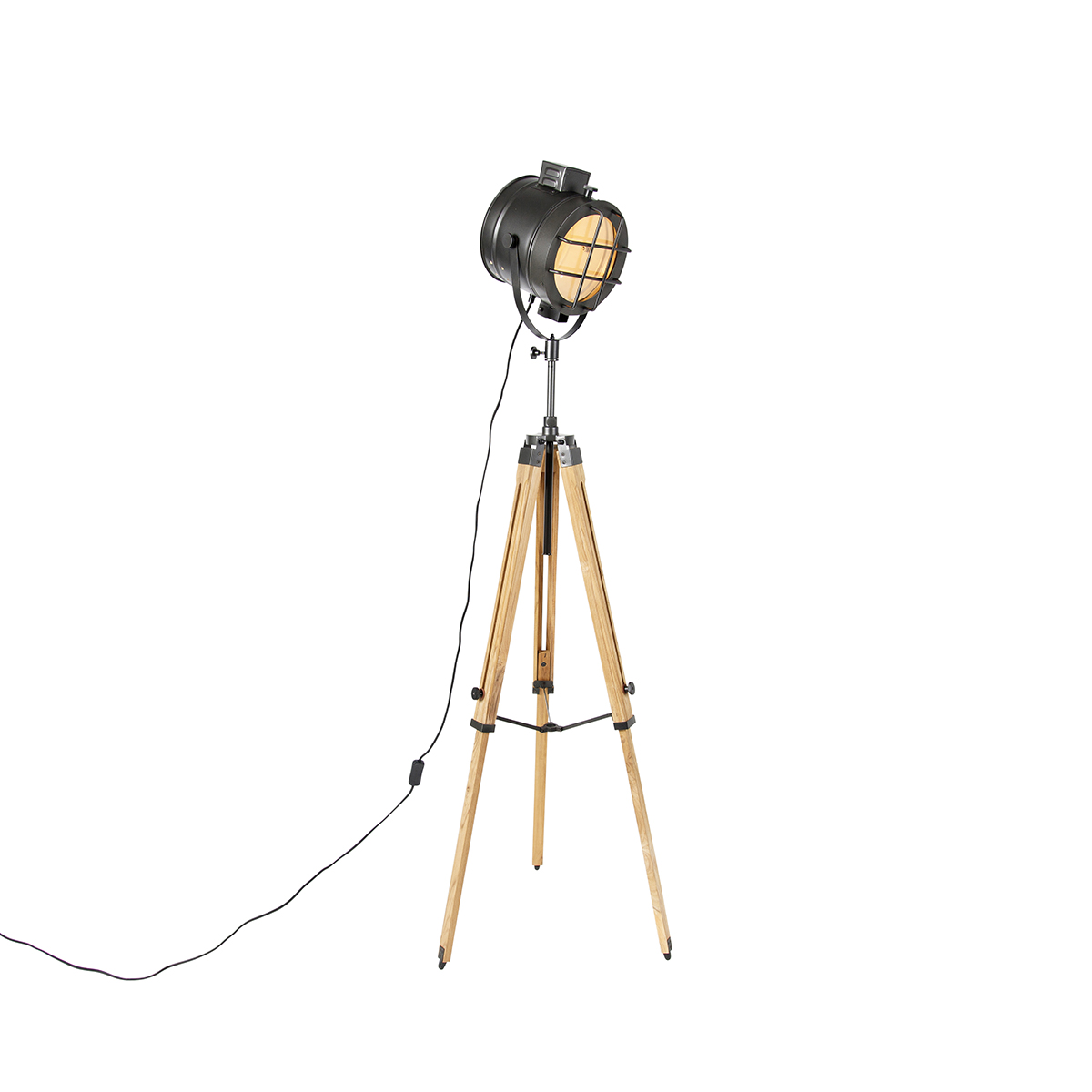 QAZQA Tripod studiospot vloerlamp met hout - Shiny - Zwart