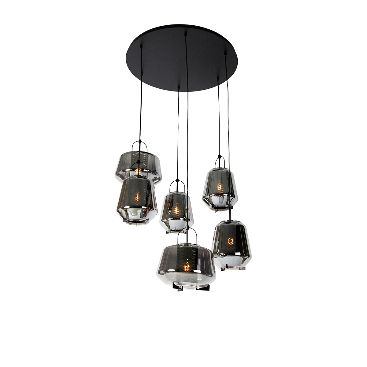 QAZQA Art deco hanglamp zwart met smoke glas 6-lichts - Kevin - Grijs