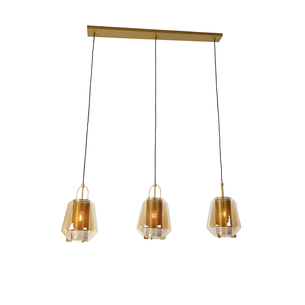 QAZQA Hanglamp goud met amber glas 23 cm langwerpig 3-lichts - Kevin