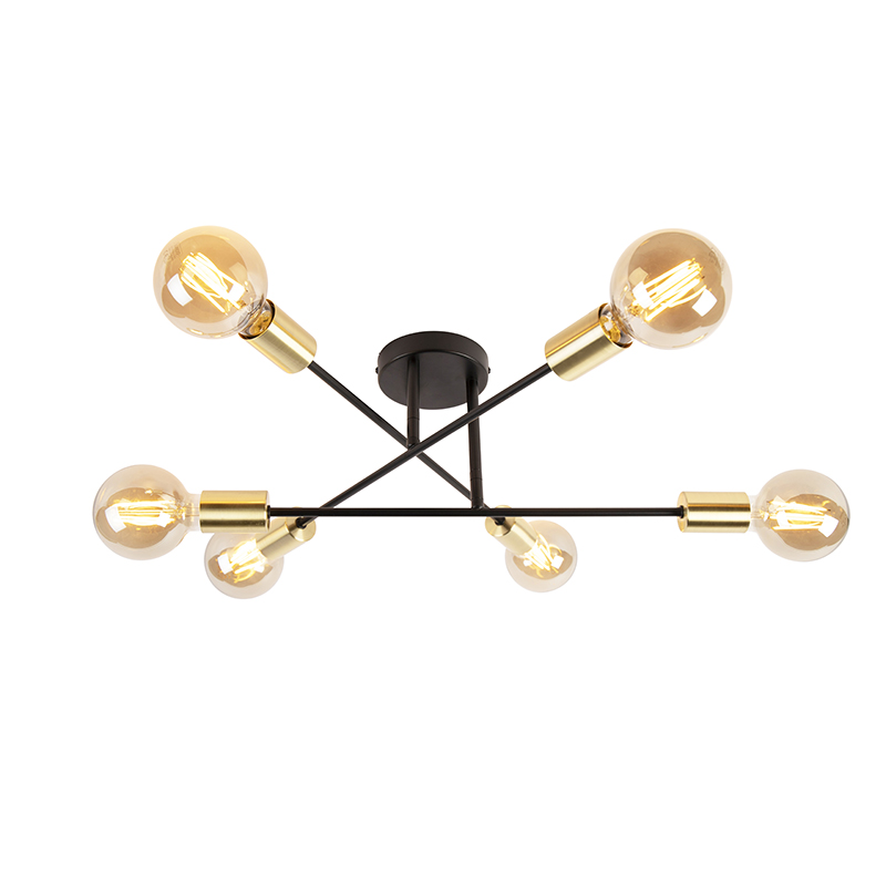 QAZQA Industriële plafondlamp zwart met 6-lichts - Sydney - Goud