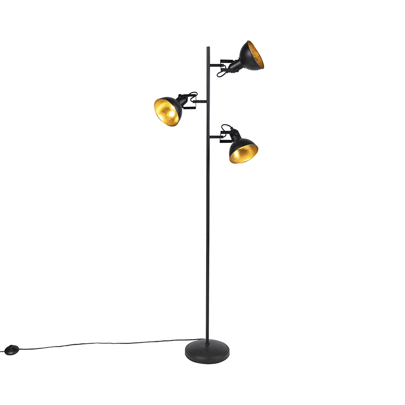 QAZQA Industriële vloerlamp met goud 3-lichts - Tommy - Zwart