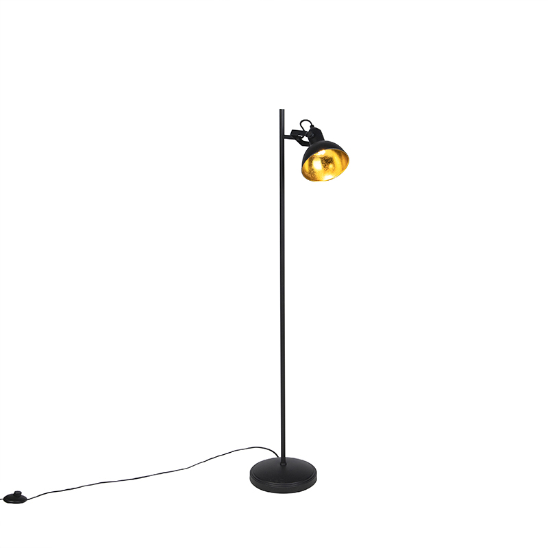 QAZQA Industriële vloerlamp met goud 1-lichts - Tommy - Zwart