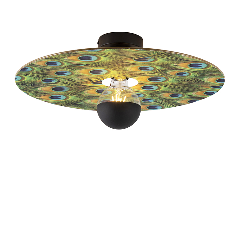 QAZQA Plafondlamp zwart platte kap pauw dessin 45 cm - Combi