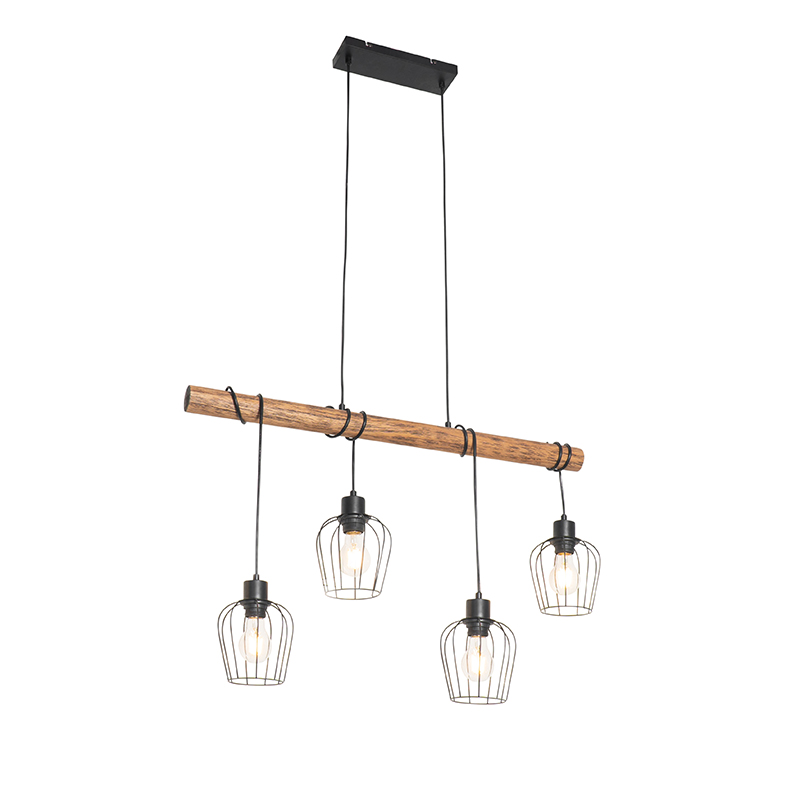 QAZQA Landelijke hanglamp met hout 4-lichts - Stronk - Zwart