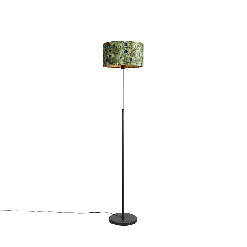 QAZQA Zwarte vloerlamp met velours kap pauw met goud 35 cm - Parte