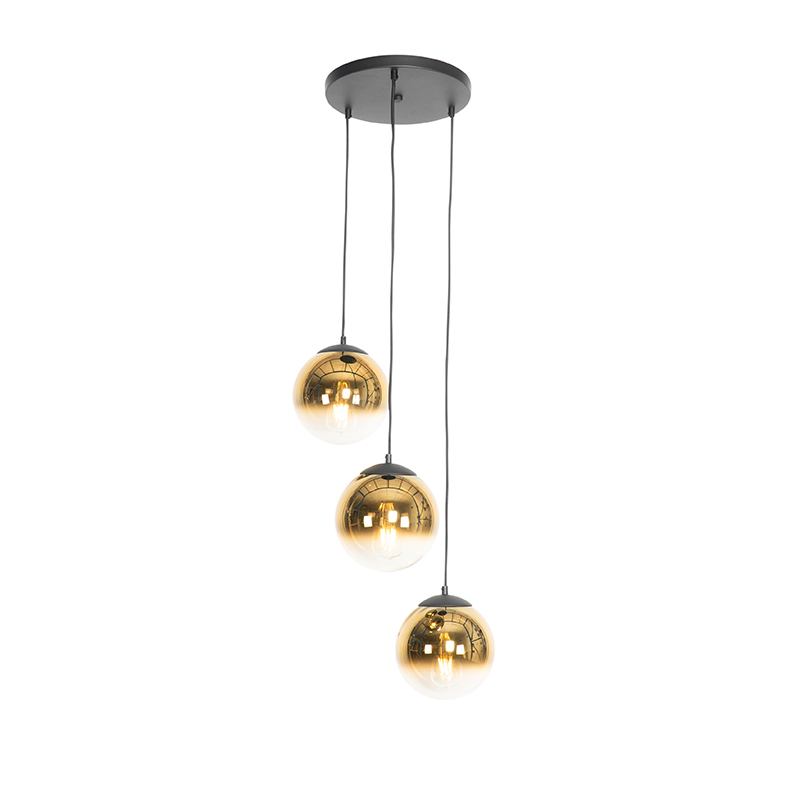 QAZQA Art deco hanglamp zwart met glas rond 3-lichts - pallon - Goud