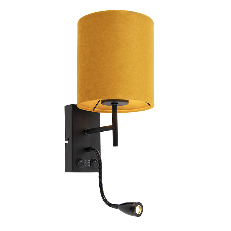 QAZQA Wandlamp zwart met velours gele kap - Stacca - Geel