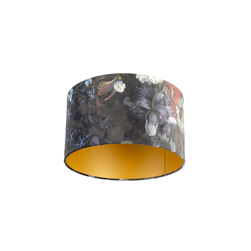 QAZQA Velours lampenkap bloemen dessin 35/35/20 gouden binnenkant