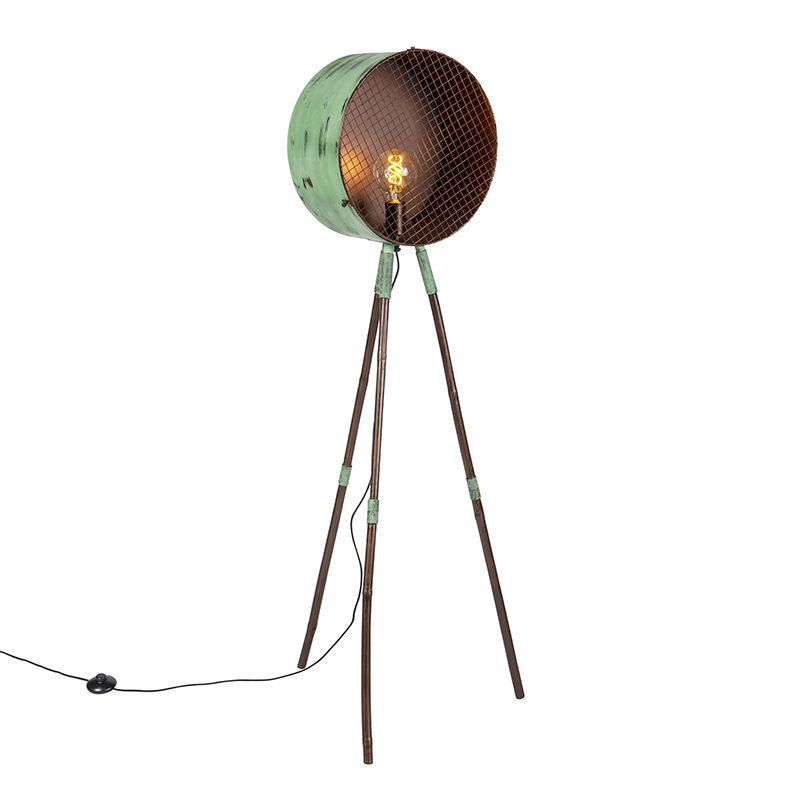 QAZQA Vintage vloerlamp op bamboo driepoot met koper - Barrel - Groen