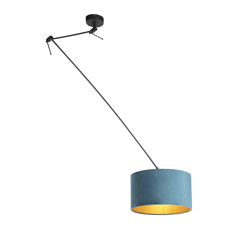 QAZQA Hanglamp zwart met velours kap met goud 35 cm - Blitz - Blauw