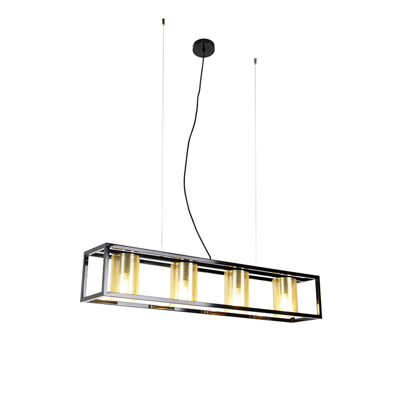 QAZQA Industriële hanglamp zwart met goud 4-lichts - Cage Tess
