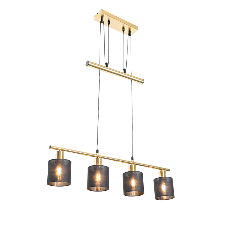 QAZQA Moderne hanglamp messing met kap zwart 4-lichts - Merwe